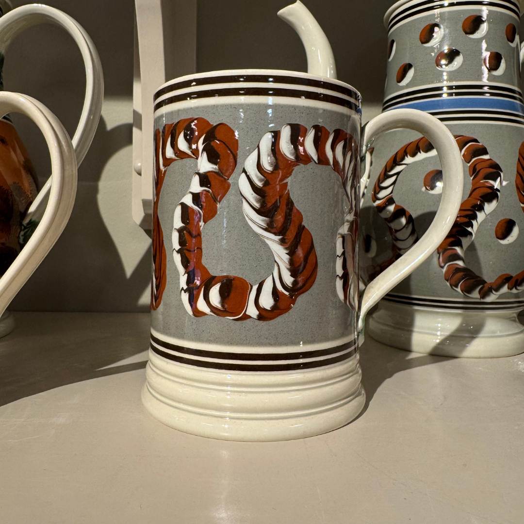 Vintage Mochaware Tankard with Green Ground and Red, Black & White Wave - Newport Lamp & Shade Company