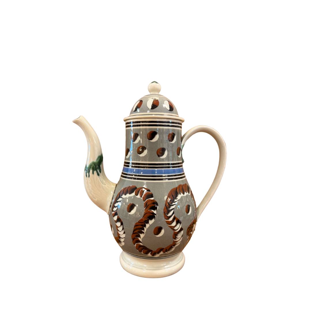 Vintage Mochaware Coffee Pot with a Green Ground and Variegated Wave Pattern.