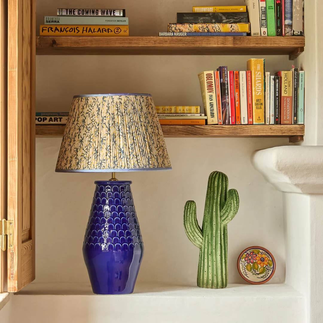 Blue/Yellow Juniper Pleated Lampshade with Blue Trim by Penny Morrison - Newport Lamp & Shade Company