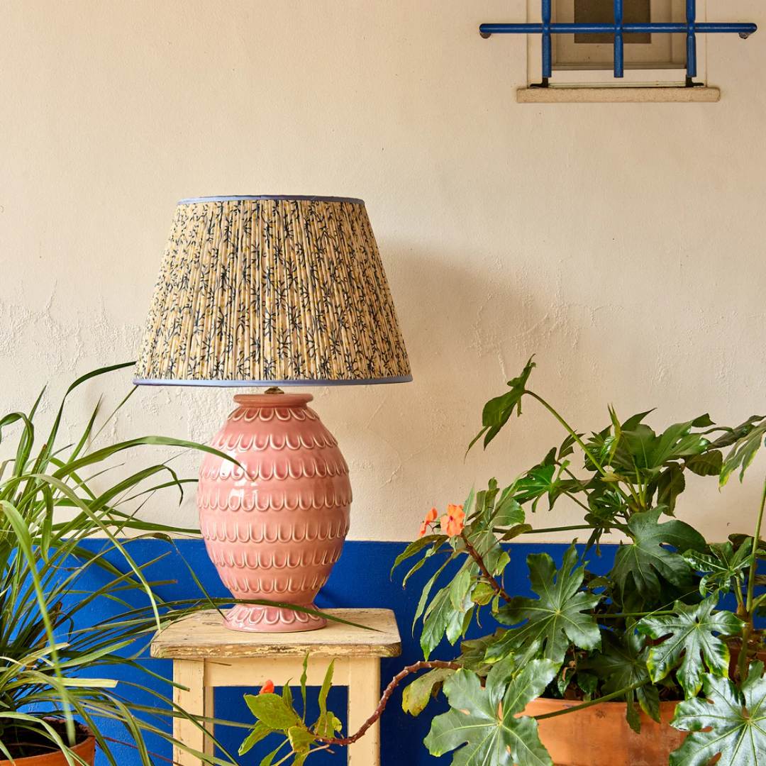 Blue/Yellow Juniper Pleated Lampshade with Blue Trim by Penny Morrison - Newport Lamp & Shade Company