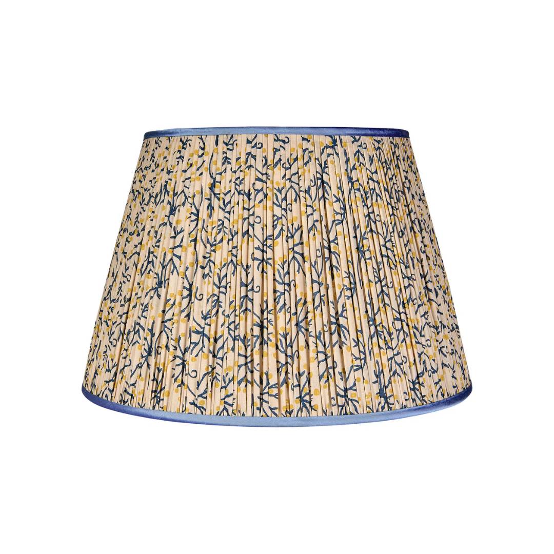 Blue/Yellow Juniper Pleated Lampshade with Blue Trim by Penny Morrison - Newport Lamp & Shade Company