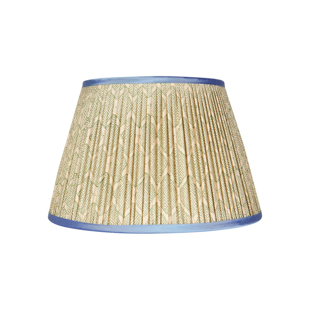 Green Diamond Geometric Pleated Silk Lampshade with Blue Trim by Penny Morrison