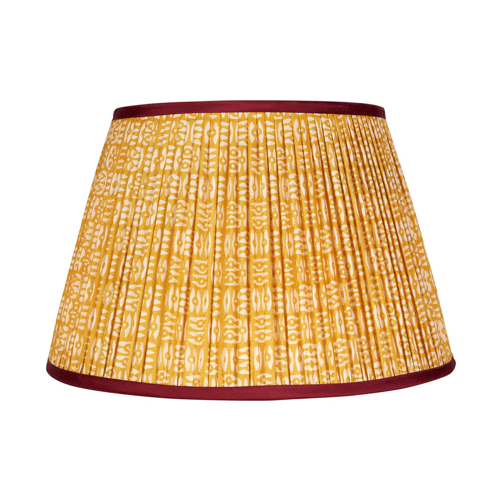 White on Yellow Tribal Pleated Silk Lampshade with Burgundy Trim by Penny Morrison