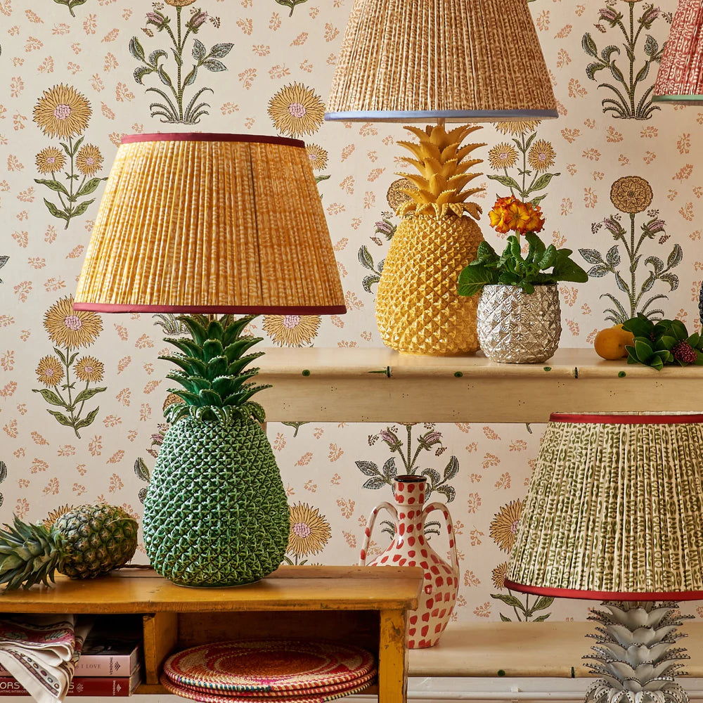 White on Yellow Tribal Pleated Silk Lampshade with Burgundy Trim by Penny Morrison
