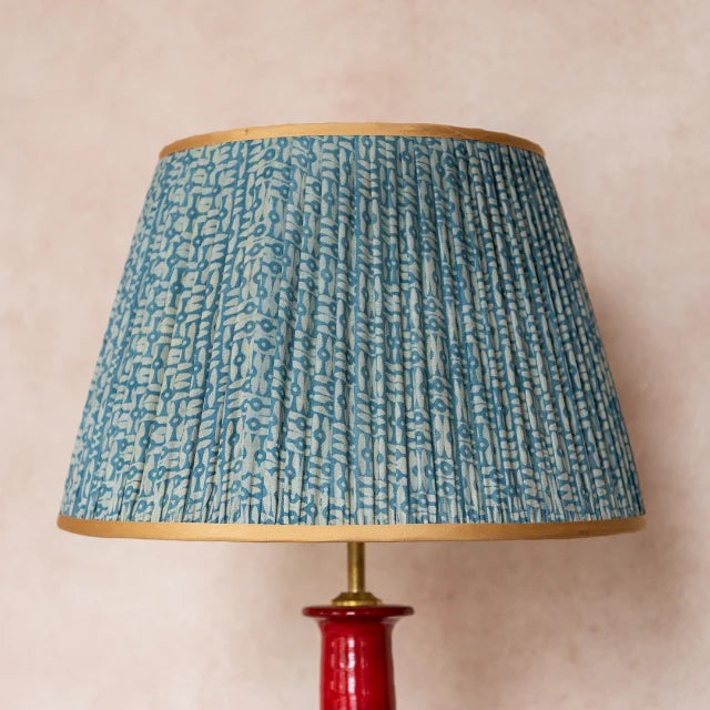 White on Blue Tribal Pleated Silk Lampshade with Gold Trim by Penny Morrison