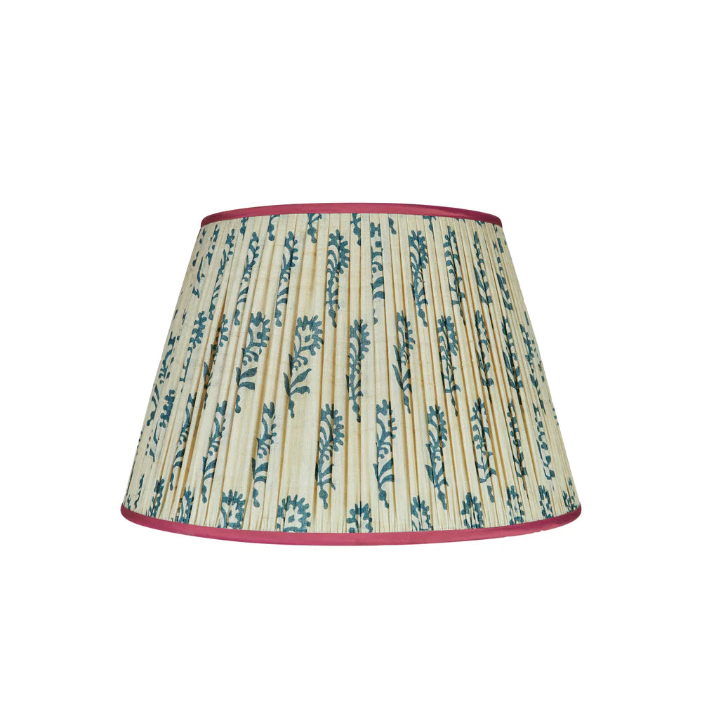 Blue Flower on Cream Pleated Silk Lampshade with Pink Trim