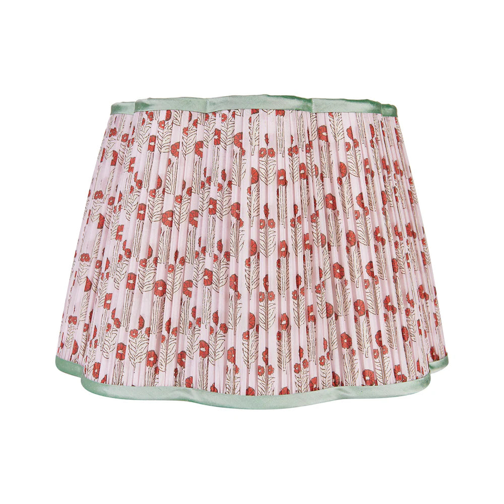 Red on Pink Marigold Pleated Silk Scalloped Lampshade with Mint Trim by Penny Morrison - Newport Lamp & Shade Company