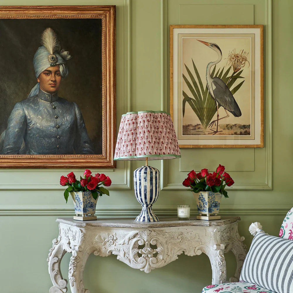 Red on Pink Marigold Pleated Silk Scalloped Lampshade with Mint Trim by Penny Morrison - Newport Lamp & Shade Company