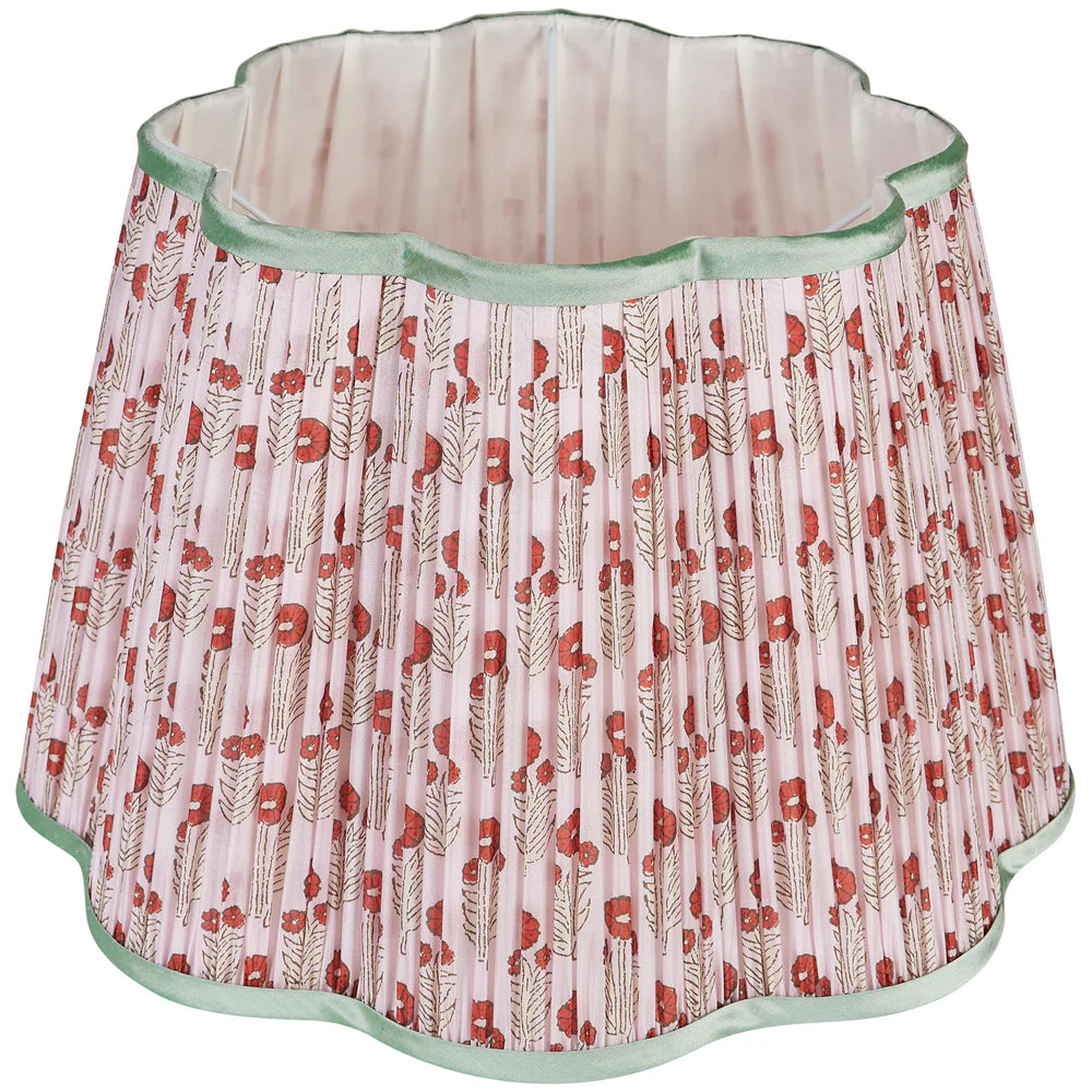 Red on Pink Marigold Pleated Silk Scalloped Lampshade with Mint Trim by Penny Morrison - Newport Lamp & Shade Company