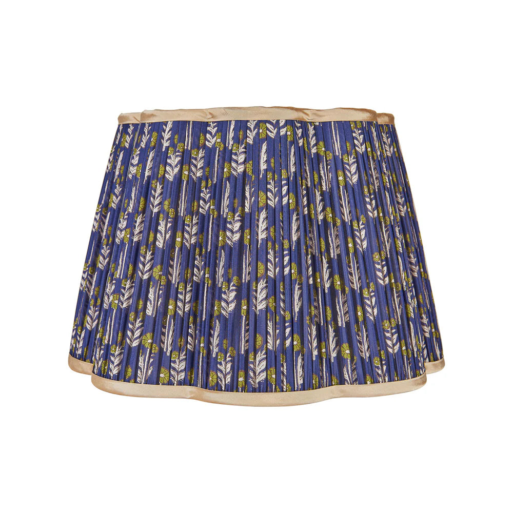 Green on Blue Marigold Pleated Silk Scalloped Lampshade with Gold Trim Green on Blue Marigold Pleated Silk Scalloped Lampshade with Gold Trim
