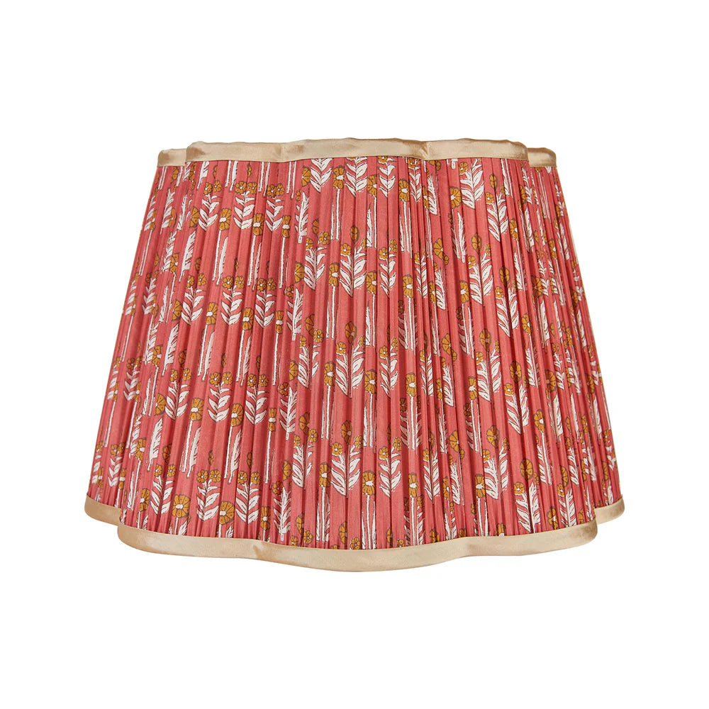 Cinnamon on Red Marigold Pleated Silk Scalloped Lampshade with Gold Tr