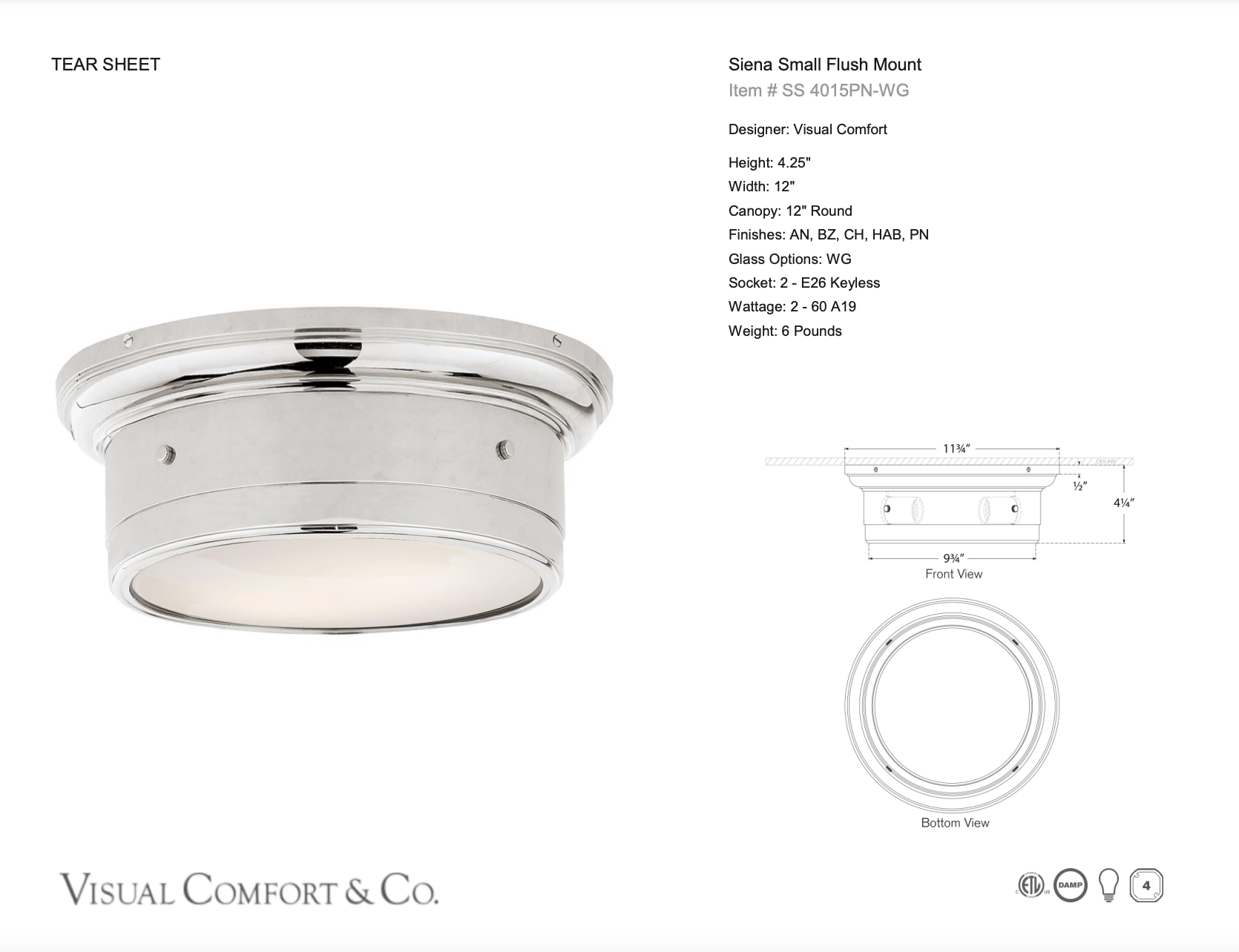 Siena Small Flushmount in Polished Nickel by Visual Comfort Item SS 4015PN-WG LAST CALL - Newport Lamp & Shade Company