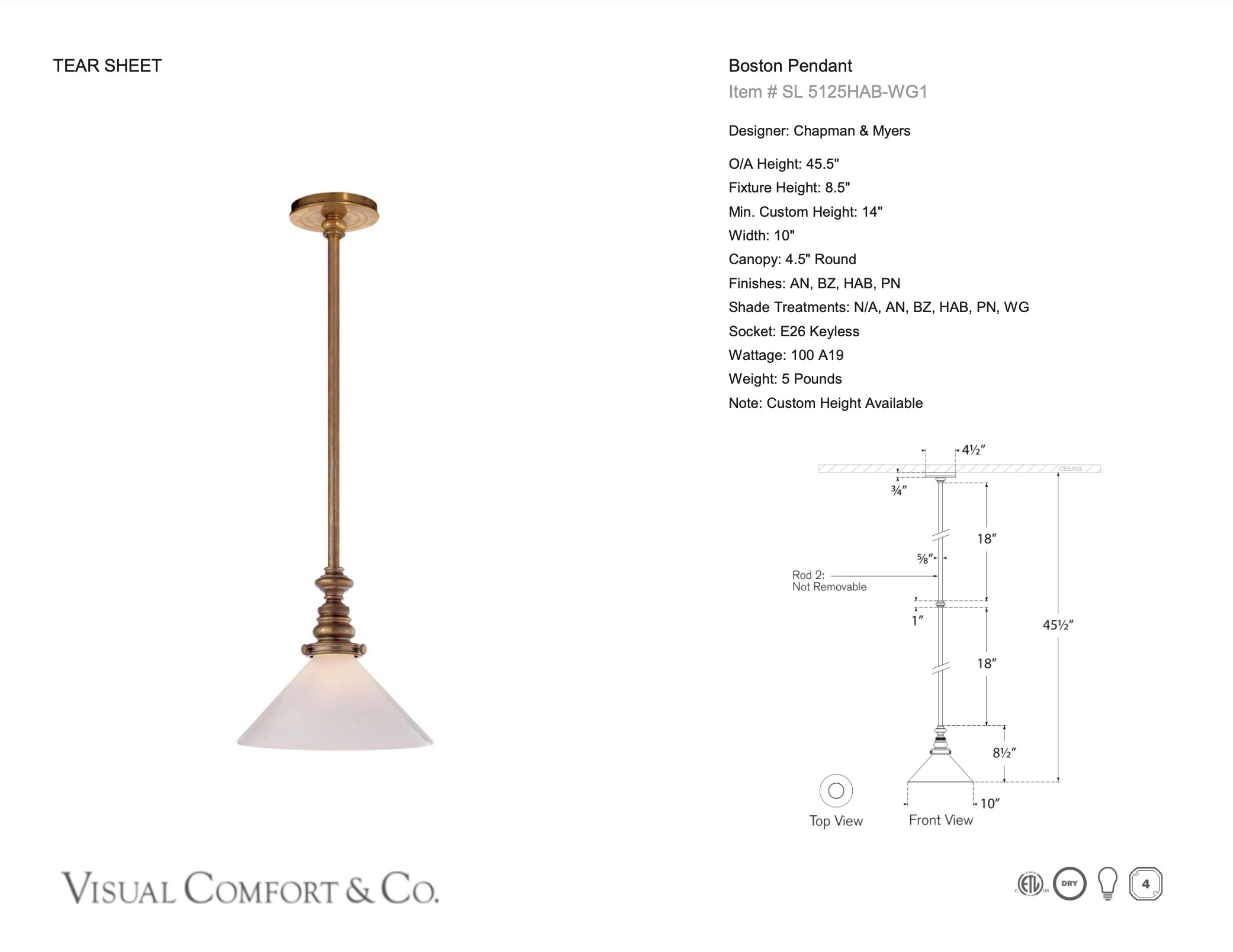 Boston Pendant in Antique Brass by Visual Comfort SL5125GHAB LAST CALL - Newport Lamp & Shade Company