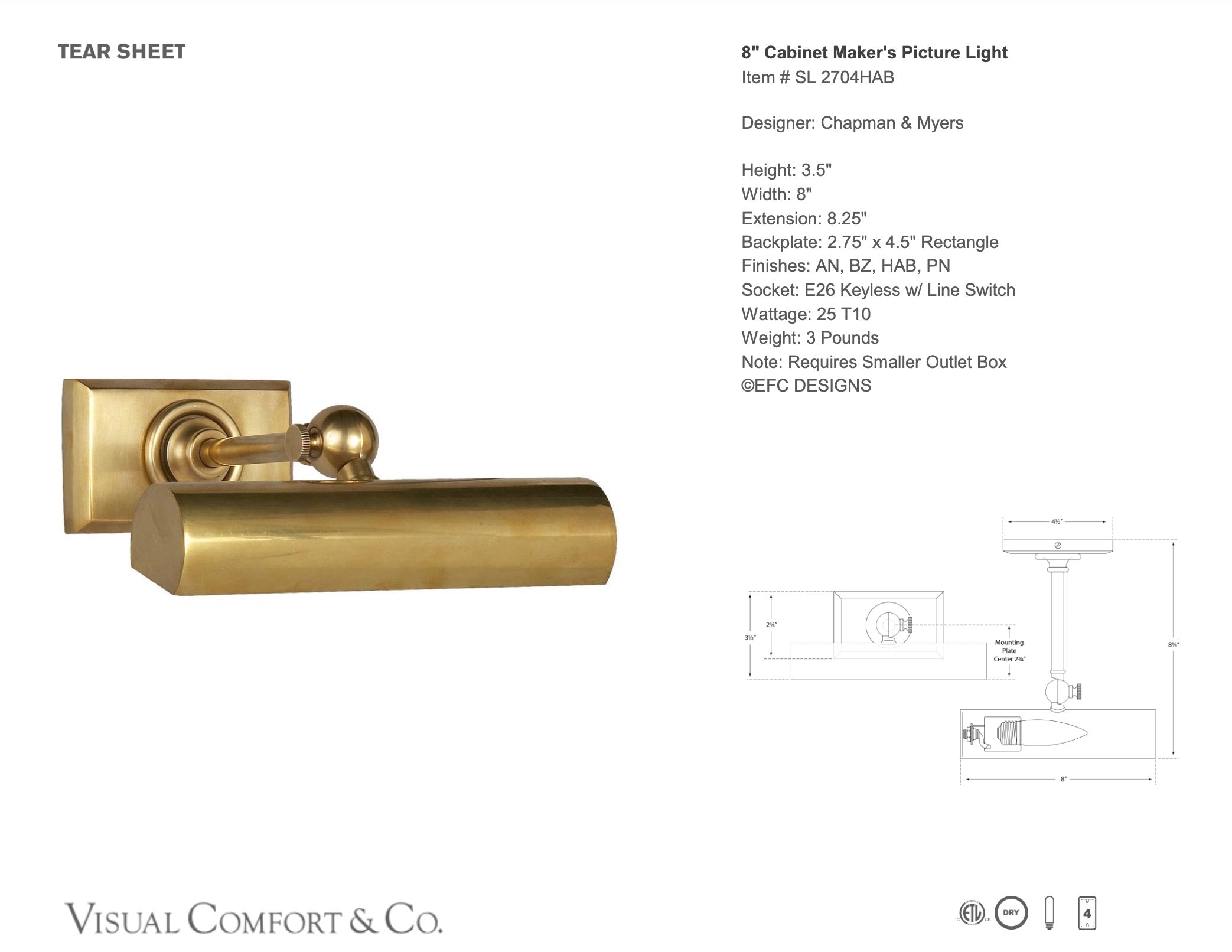 8" Cabinet Maker's Picture Light in Antique Brass - Newport Lamp & Shade Company