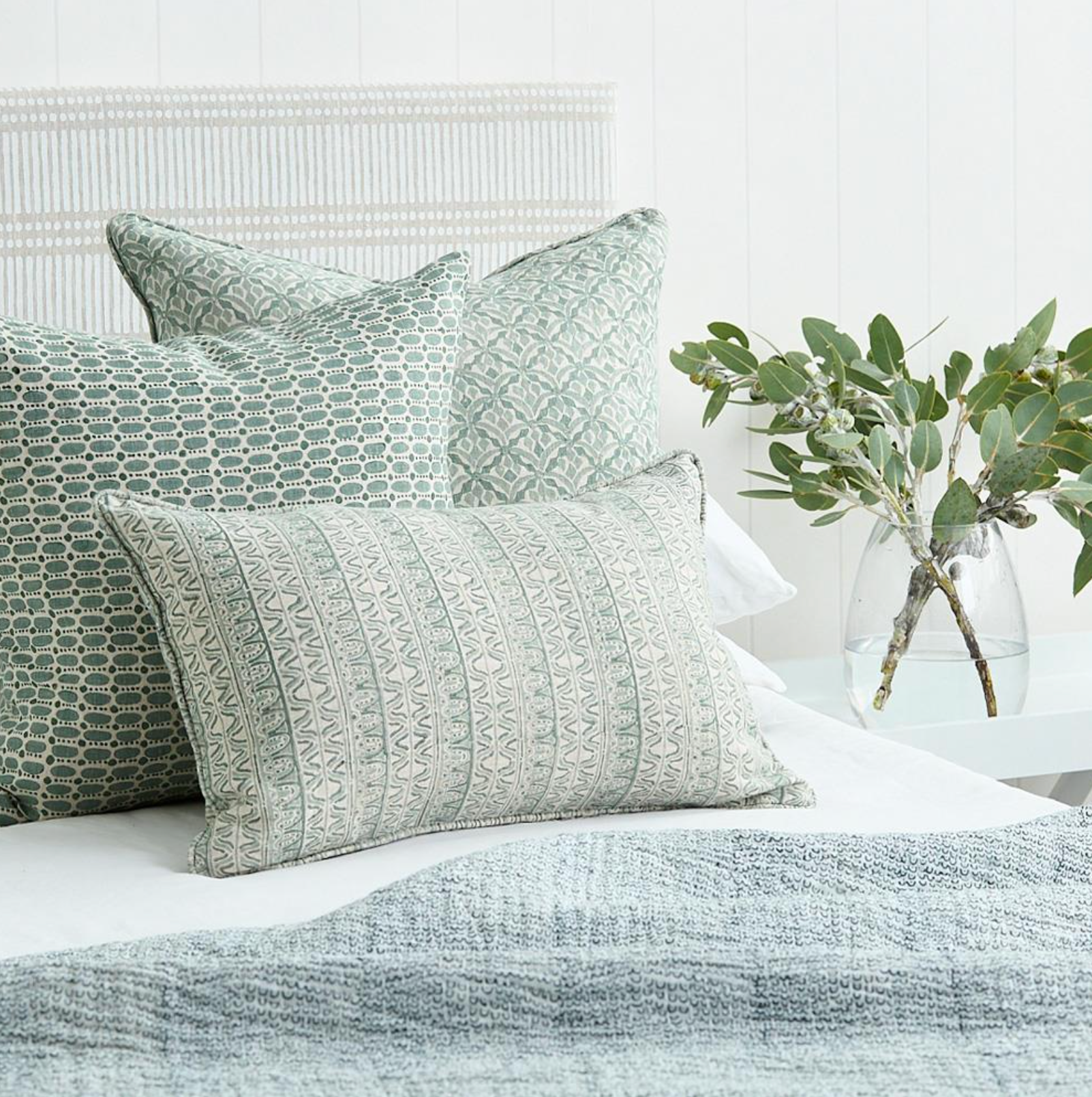 Positano Celadon Linen Cushion 22" x 22" | Newport Lamp And Shade | Located in Newport, RI