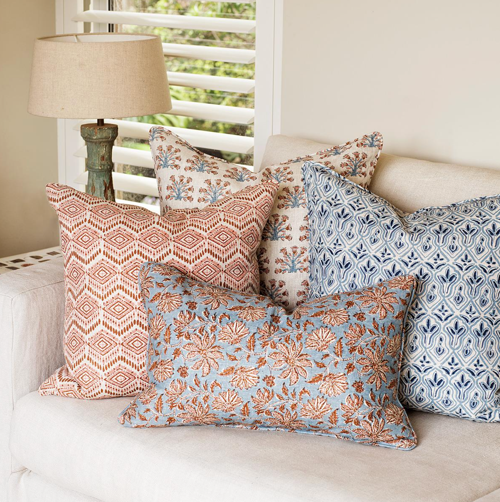 Praiano Riviera Linen Cushion 22" x 22" | Newport Lamp And Shade | Located in Newport, RI