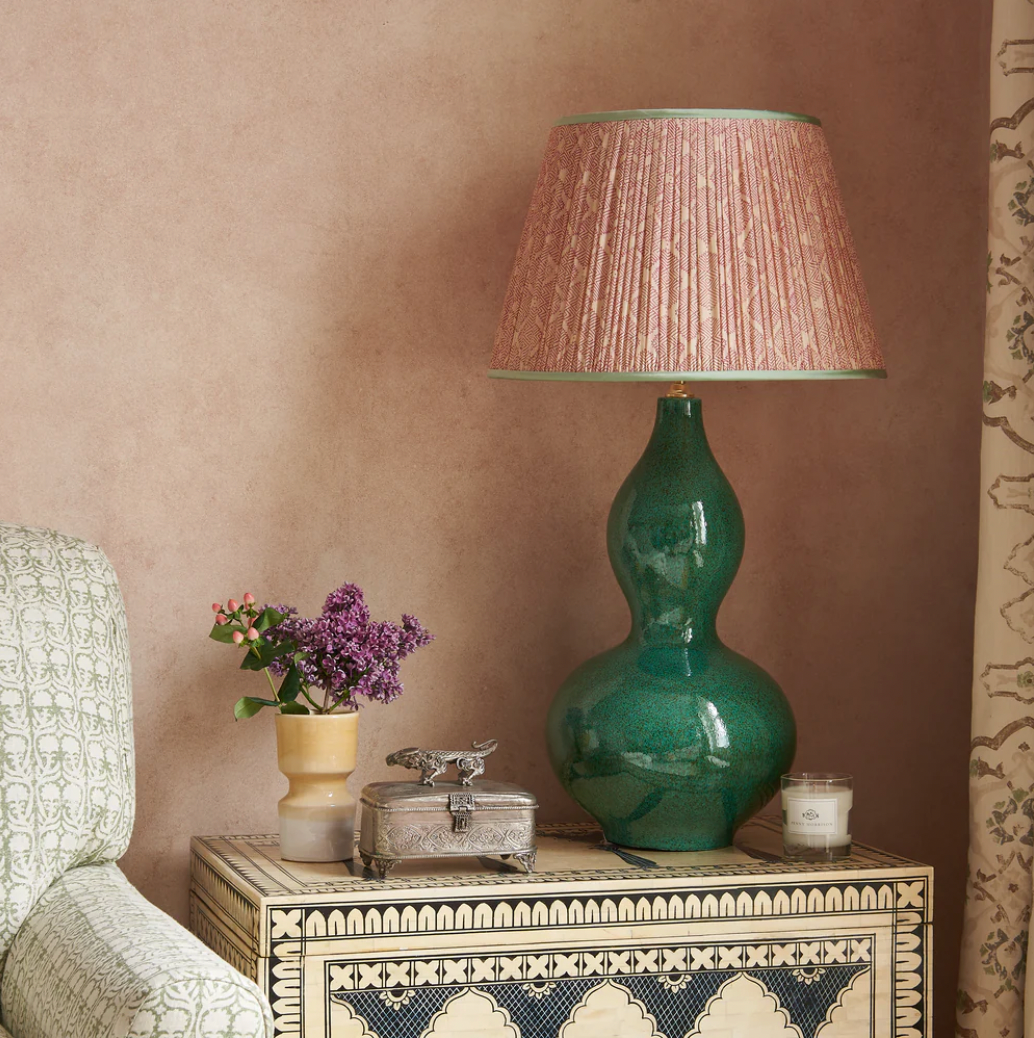 Dark Green Speckled Double Gourd Ceramic Table Lamp by Penny Morrison | Newport Lamp And Shade | Located in Newport, RI
