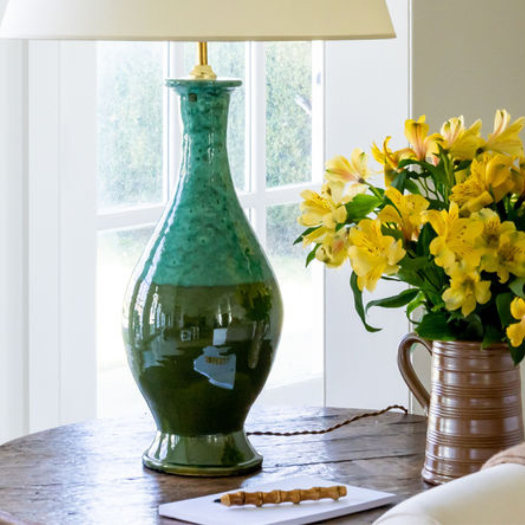 Dark Green Speckled Double Gourd Ceramic Table Lamp by Penny Morrison