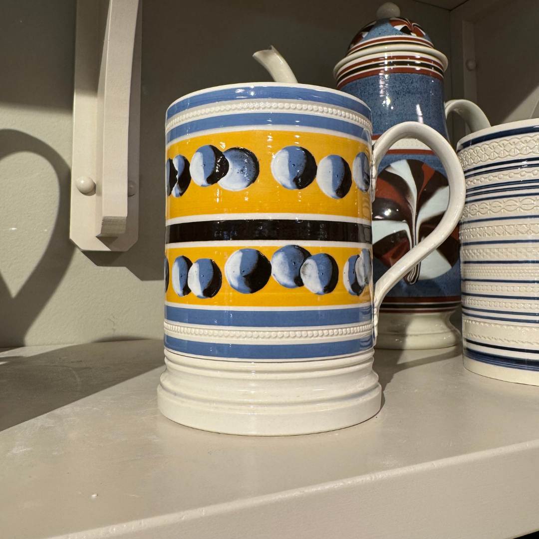 Vintage Mochaware Tankard with Yellow Ground and Blue, Black & White Cats Eyes