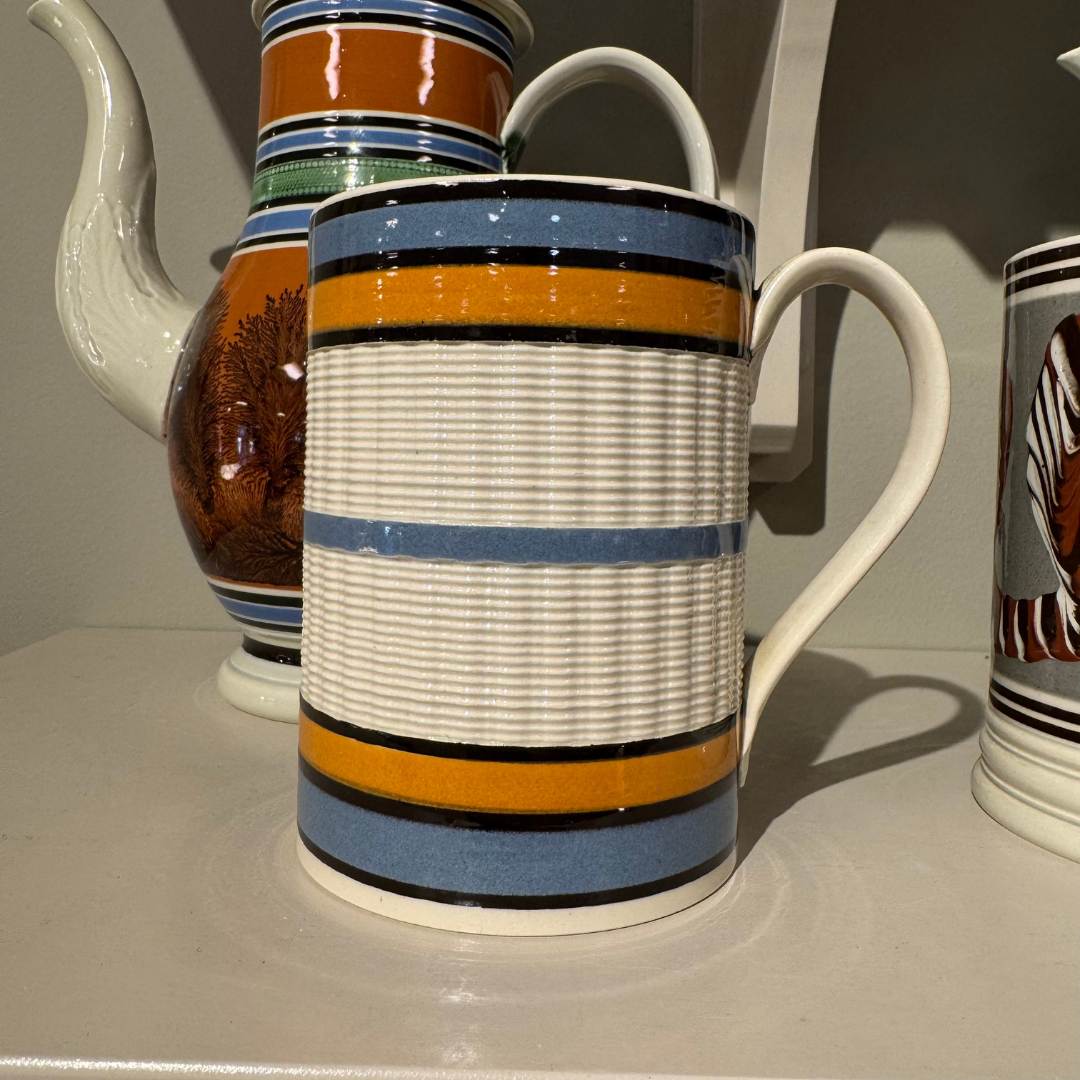 Vintage Mochaware Tankard with White Ground and Blue & Orange Bands