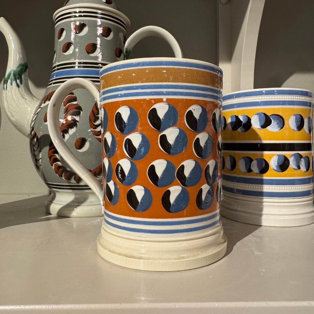 Vintage Mochaware Tankard with Red Ground with Blue, Black, & White Cats Eyes