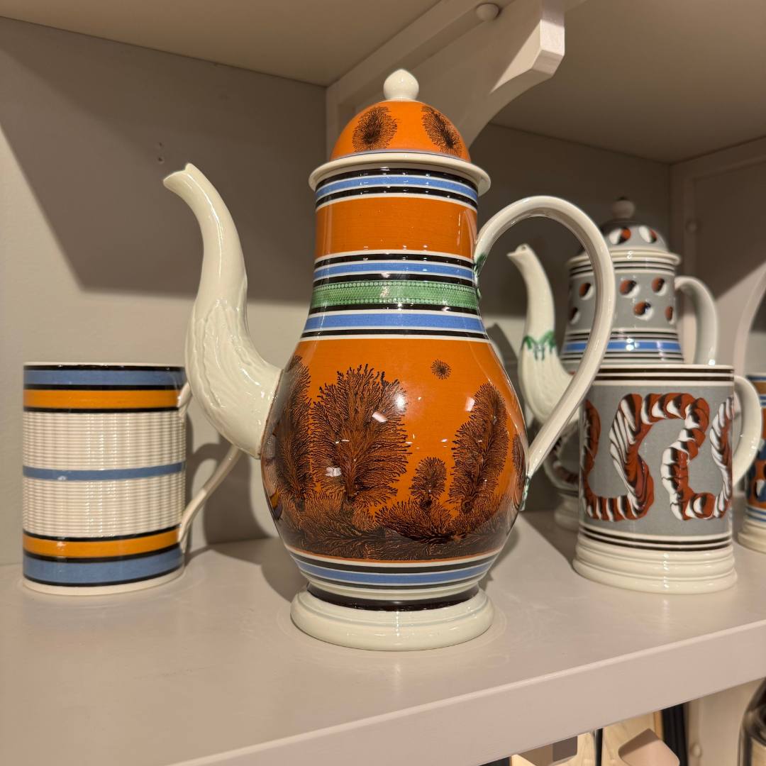 Vintage Mochaware Coffee Pot with a Red Ground and Sea Weed Pattern