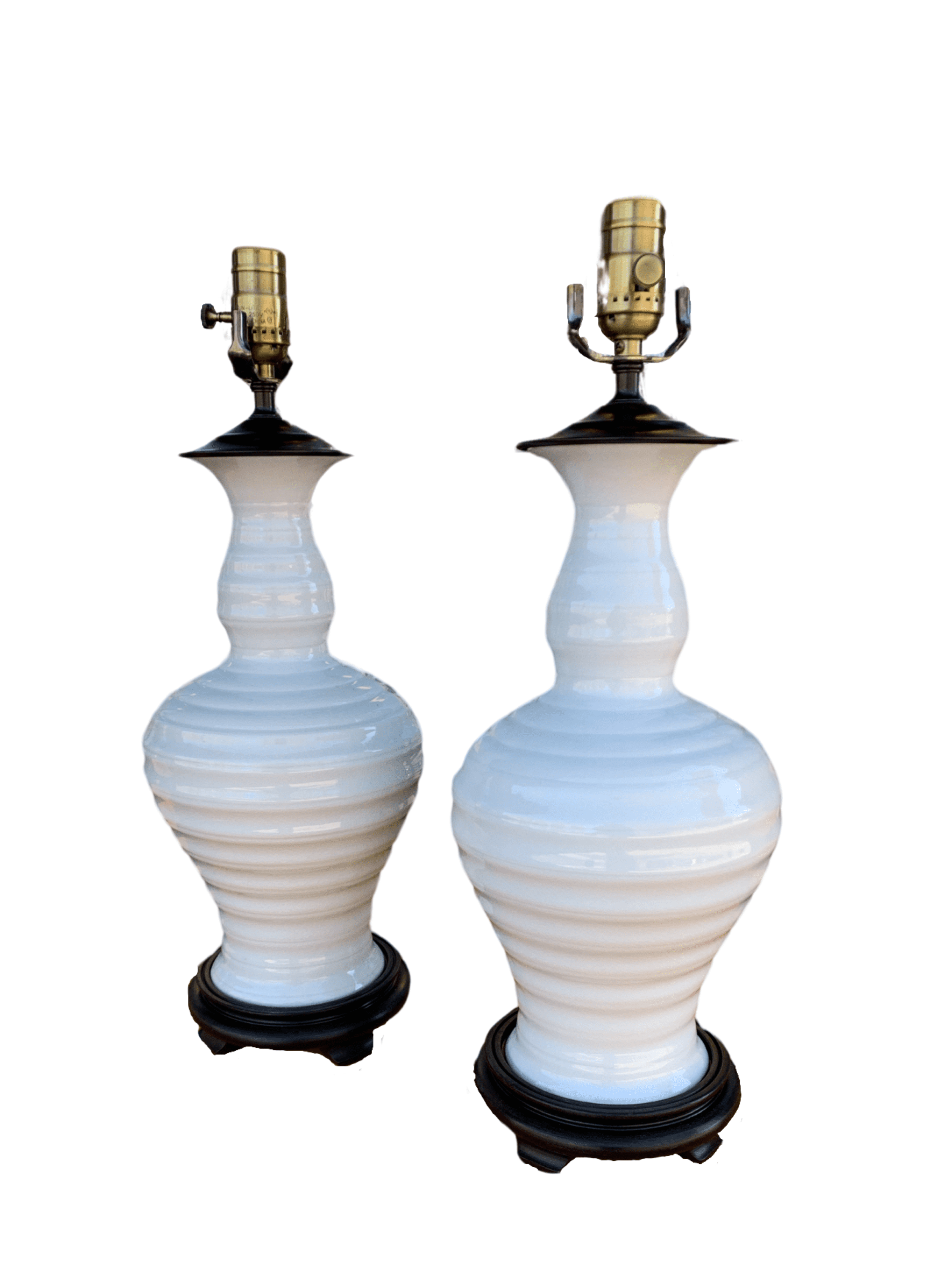 A Pair of Ribbed Porcelain Vases, Now Mounted as Lamps on Wood Base | Newport Lamp And Shade | Located in Newport, RI