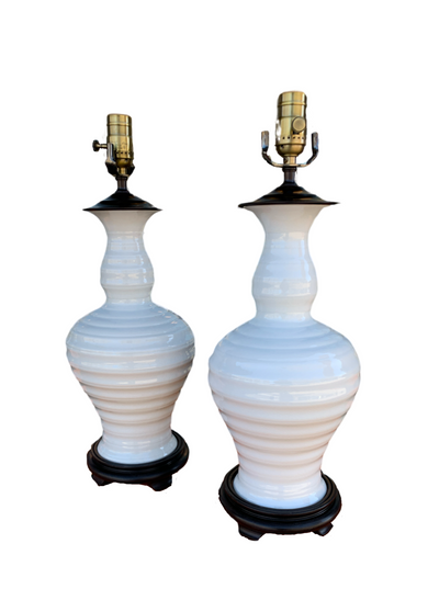 A Pair of Ribbed Porcelain Vases, Now Mounted as Lamps on Wood Base | Newport Lamp And Shade | Located in Newport, RI