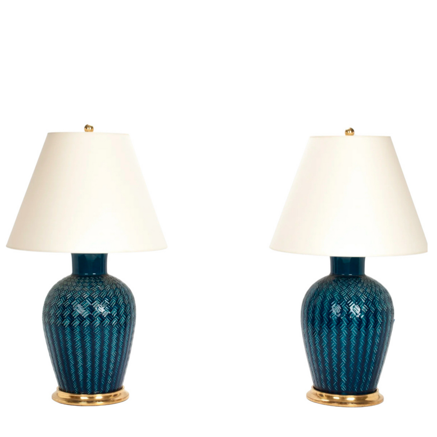 A Pair of Penny Table Lamps in Prussian Blue Basketweave by Christopher Spitzmiller | Newport Lamp And Shade | Located in Newport, RI