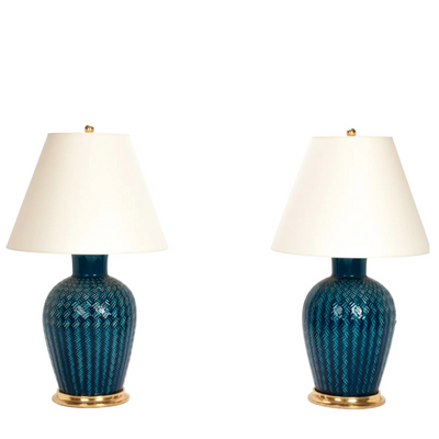 A Pair of Penny Table Lamps in Prussian Blue Basketweave by Christopher Spitzmiller | Newport Lamp And Shade | Located in Newport, RI