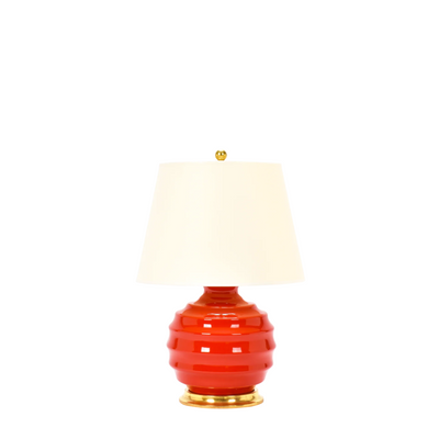 A Wide Ribbed Ball Table Lamp in Red by Christopher Spitzmiller | Newport Lamp And Shade | Located in Newport, RI