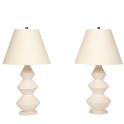 A Pair of Triple Zig Zag Lamps in Matte White by Christopher Spitzmiller | Newport Lamp And Shade | Located in Newport, RI