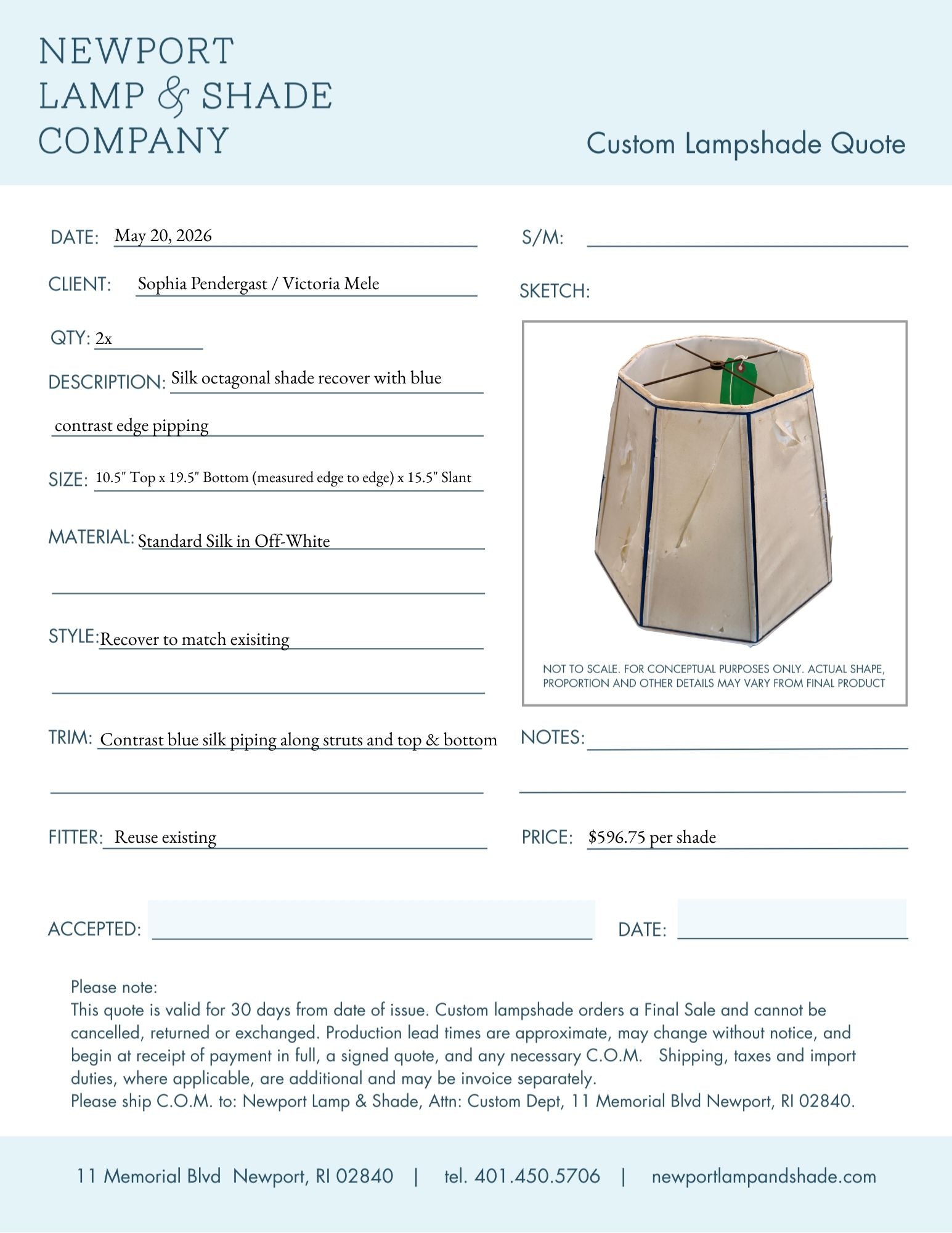 Custom Lampshade Recover - Silk 19.5" Octagon Recover - Sophia Pendergast / Victoria Mele - Newport Lamp & Shade Company
