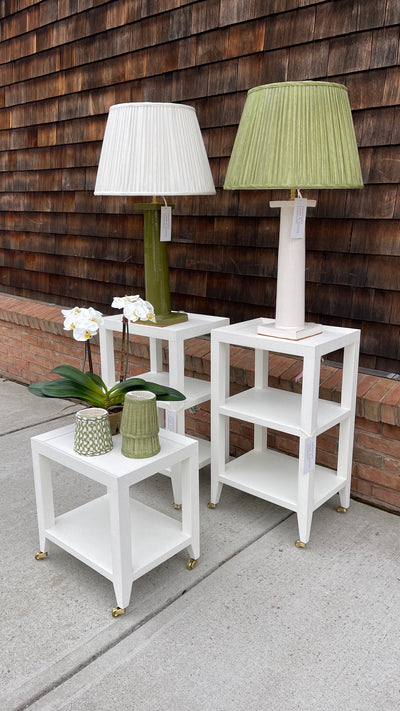 Lacquered Grasscloth Side Table on Casters | Newport Lamp And Shade | Located in Newport, RI