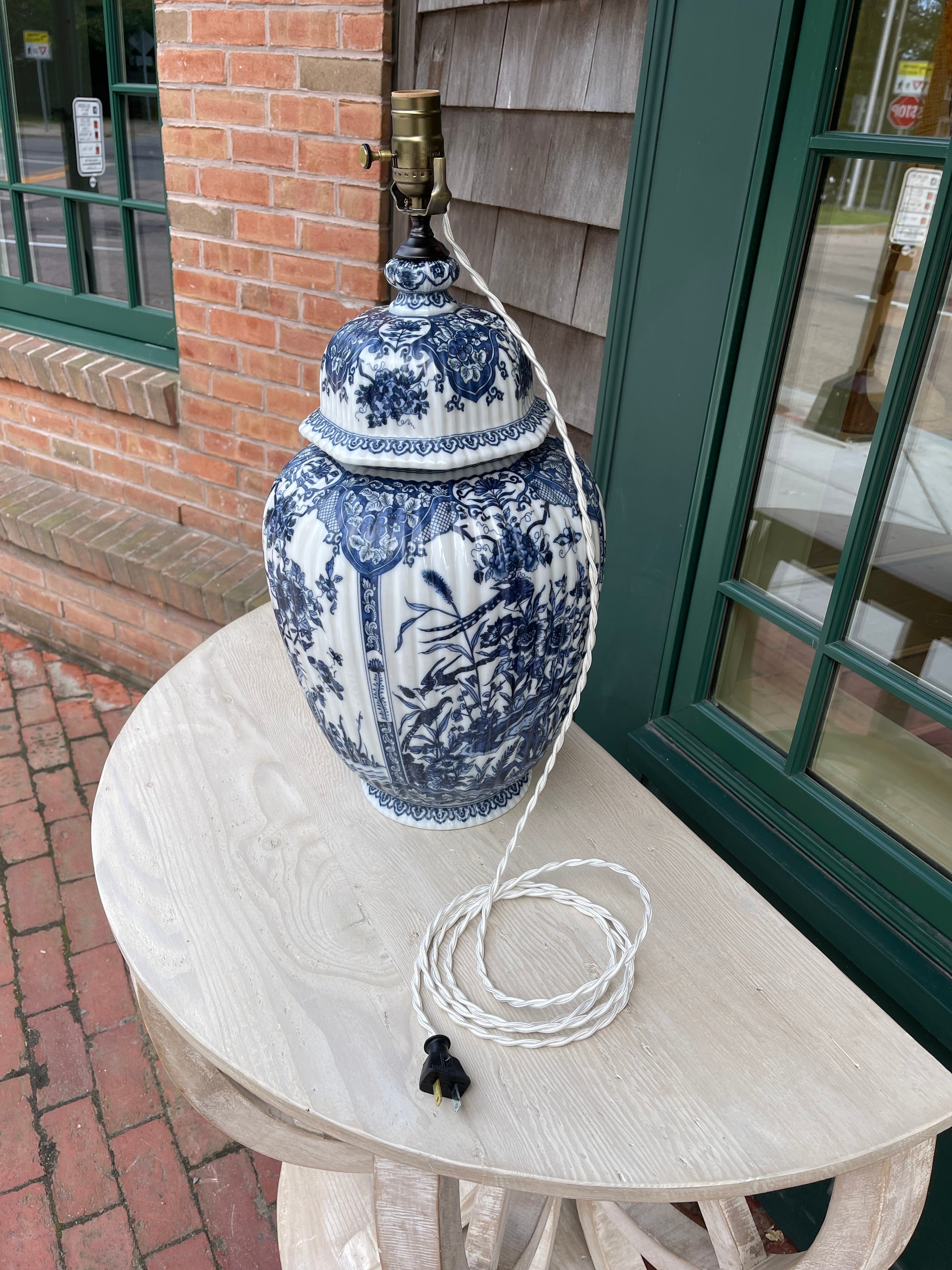 A Blue & White Ribbed Porcelain Jar & Cover, Now Mounted as a Table Lamp | Newport Lamp And Shade | Located in Newport, RI