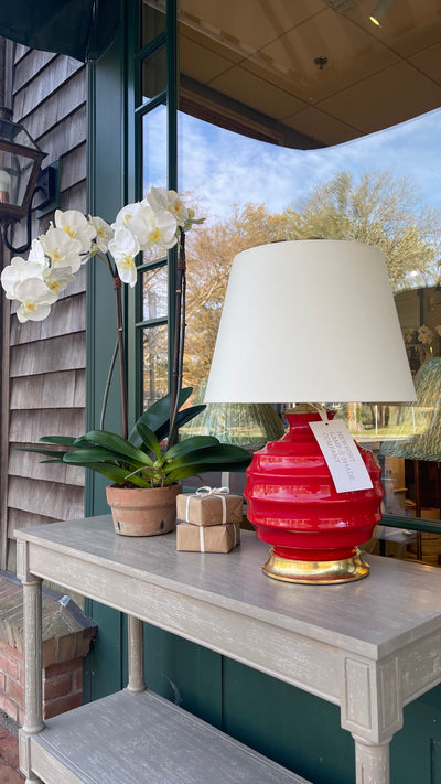 A Wide Ribbed Ball Table Lamp in Red by Christopher Spitzmiller | Newport Lamp And Shade | Located in Newport, RI