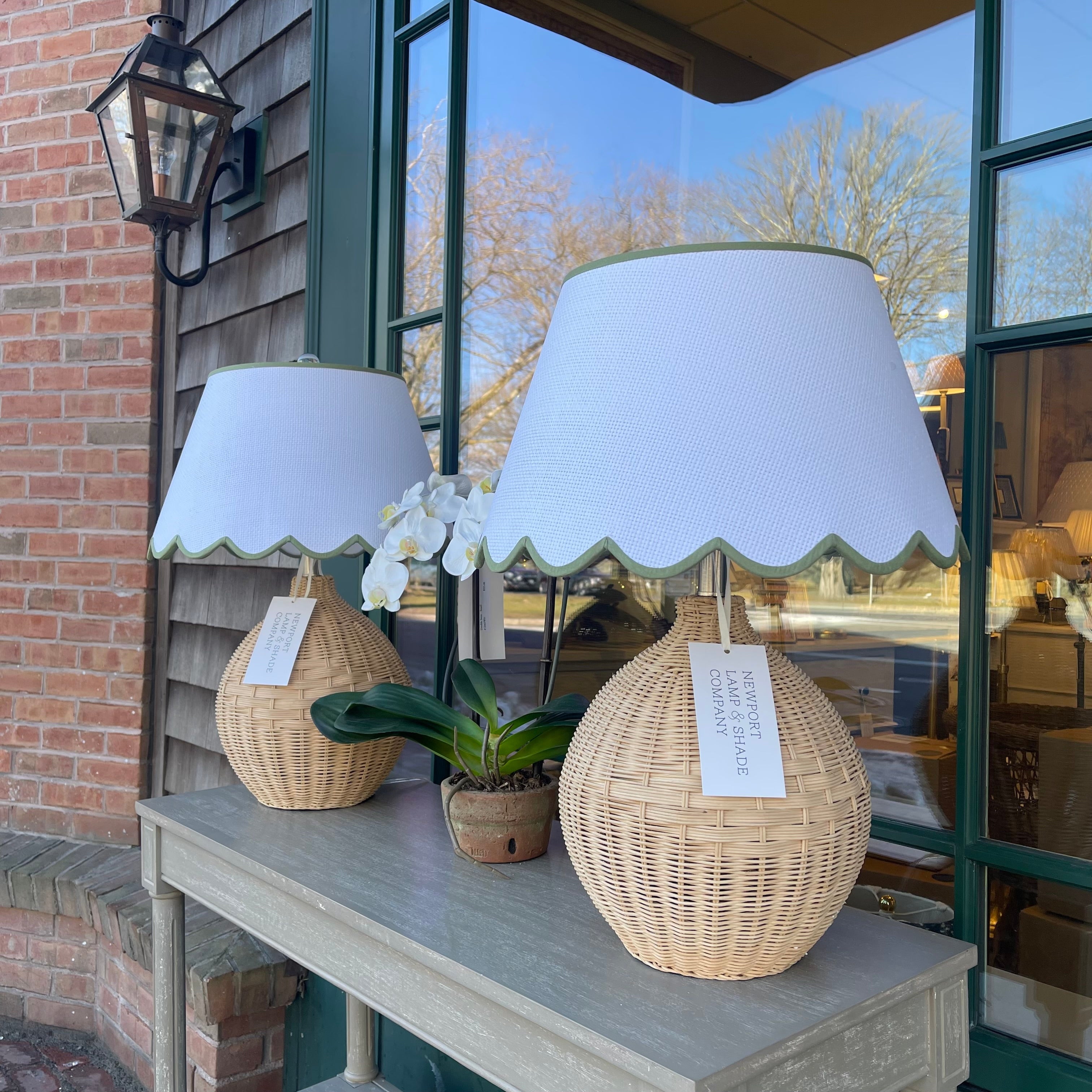 Scalloped Grasscloth Lampshade with Green Trim | Newport Lamp And Shade | Located in Newport, RI