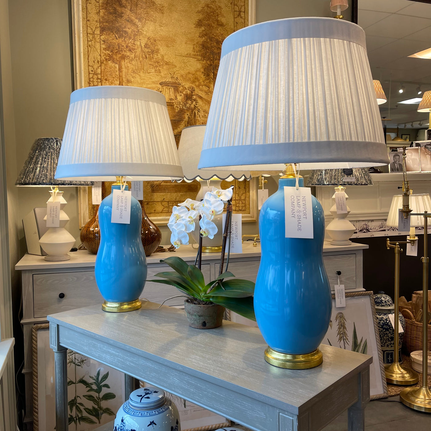 Lotus Table Lamp in Seaside Blue (Set of 2) | Newport Lamp And Shade | Located in Newport, RI