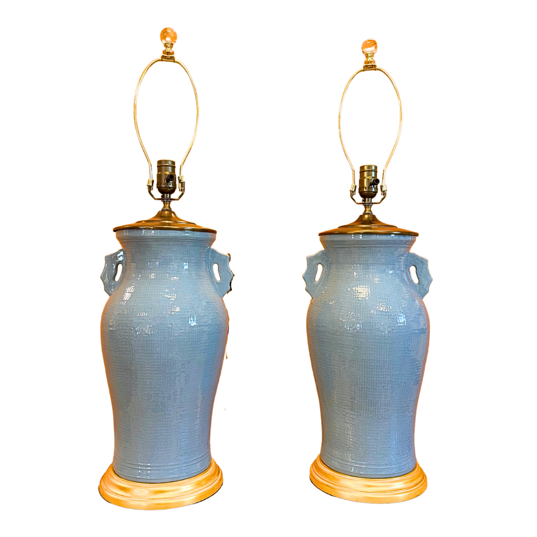 A Pair of Large, Blue-Glazed Vases, Now Mounted as Lamps. - Newport Lamp & Shade Company