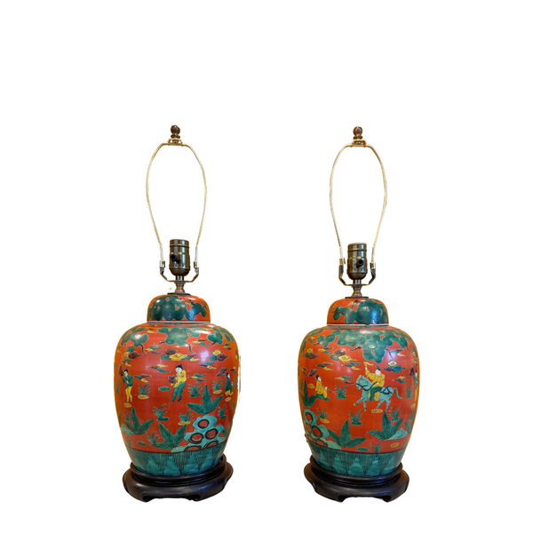 A Pair of Vintage Famille Rose Chinese Export Jars, Now Mounted as Lam