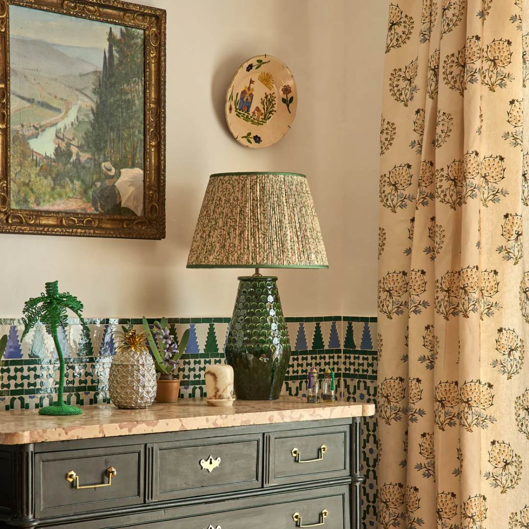 Green/Cinnamon Juniper Pleated Lampshade with Green Trim by Penny Morrison