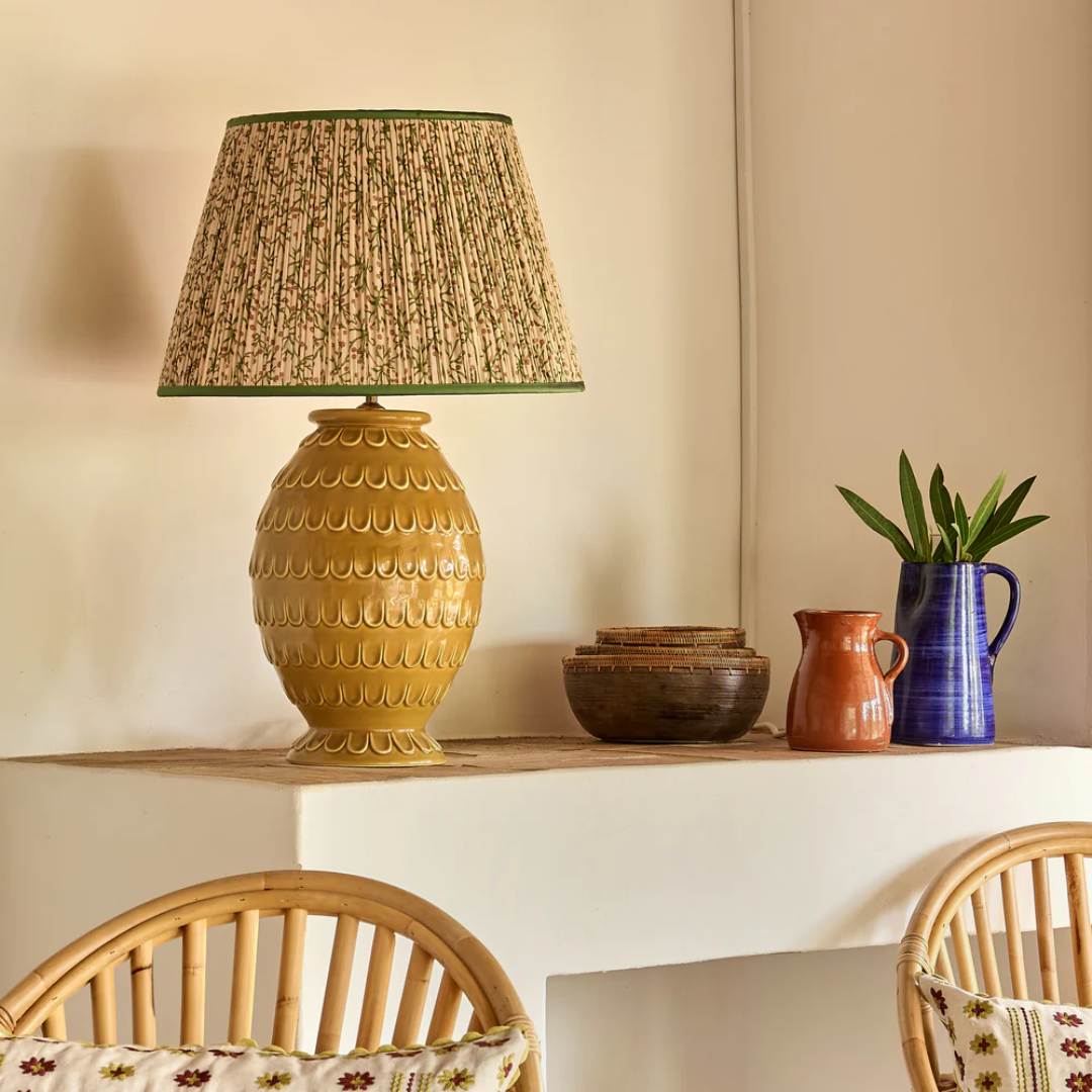 Green/Cinnamon Juniper Pleated Lampshade with Green Trim by Penny Morrison