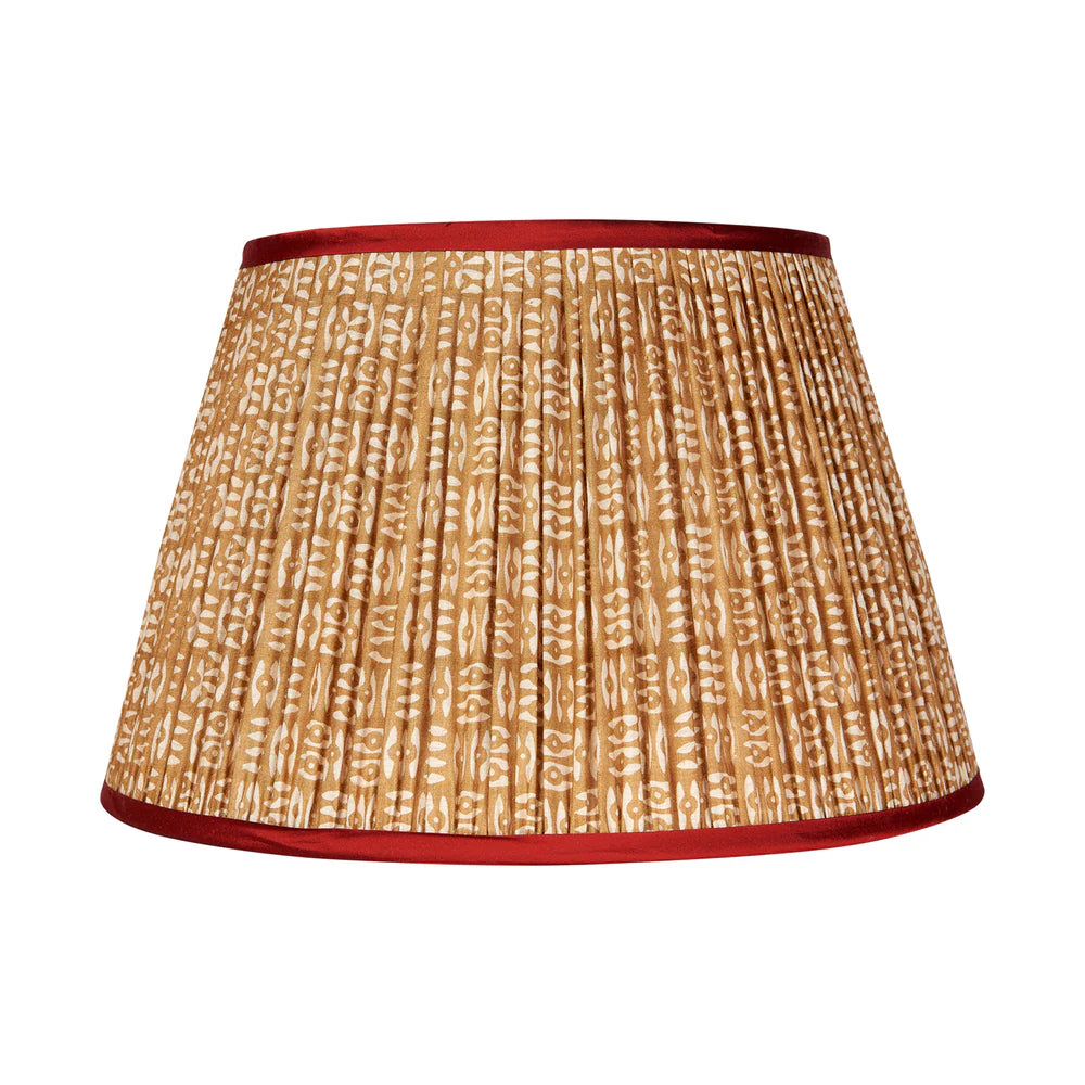 White on Cinnamon Tribal Pleated Silk Lampshade with Red Trim by Penny Morrison