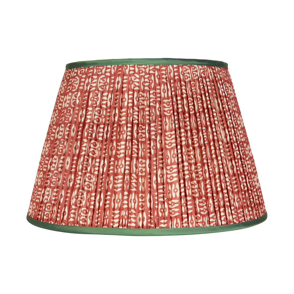 White on Red Tribal Pleated Silk Lampshade with Green Trim by Penny Morrison