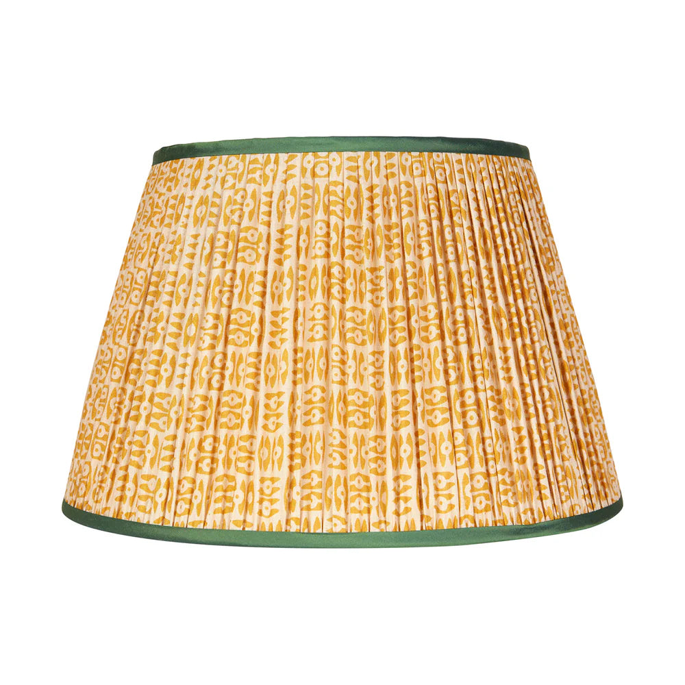 Yellow on White Tribal Pleated Silk Lampshade with Green Trim by Penny Morrison