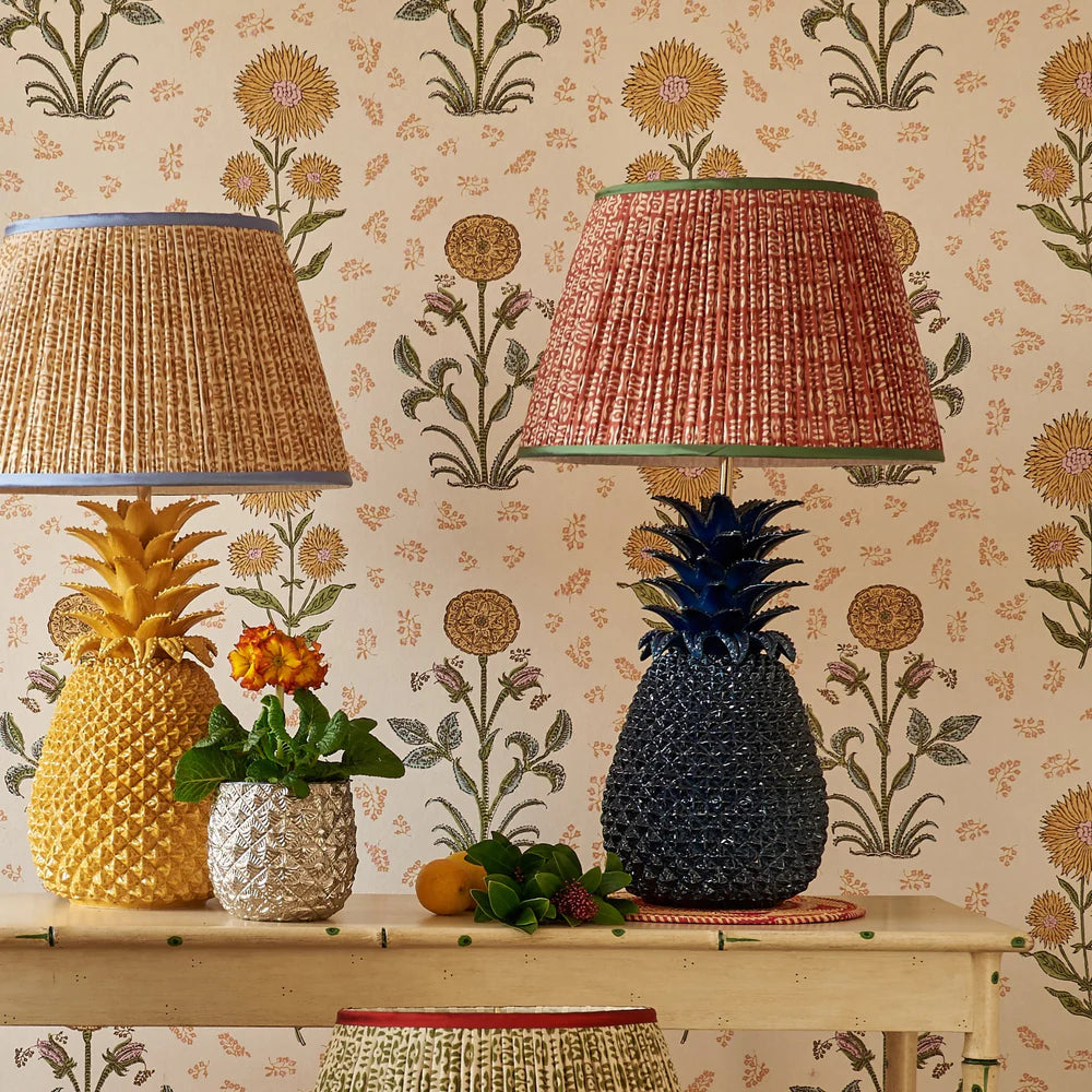 White on Red Tribal Pleated Silk Lampshade with Green Trim by Penny Morrison