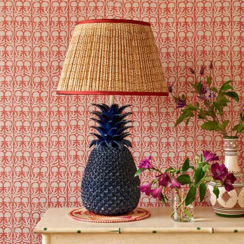 White on Cinnamon Tribal Pleated Silk Lampshade with Red Trim by Penny Morrison - Newport Lamp & Shade Company