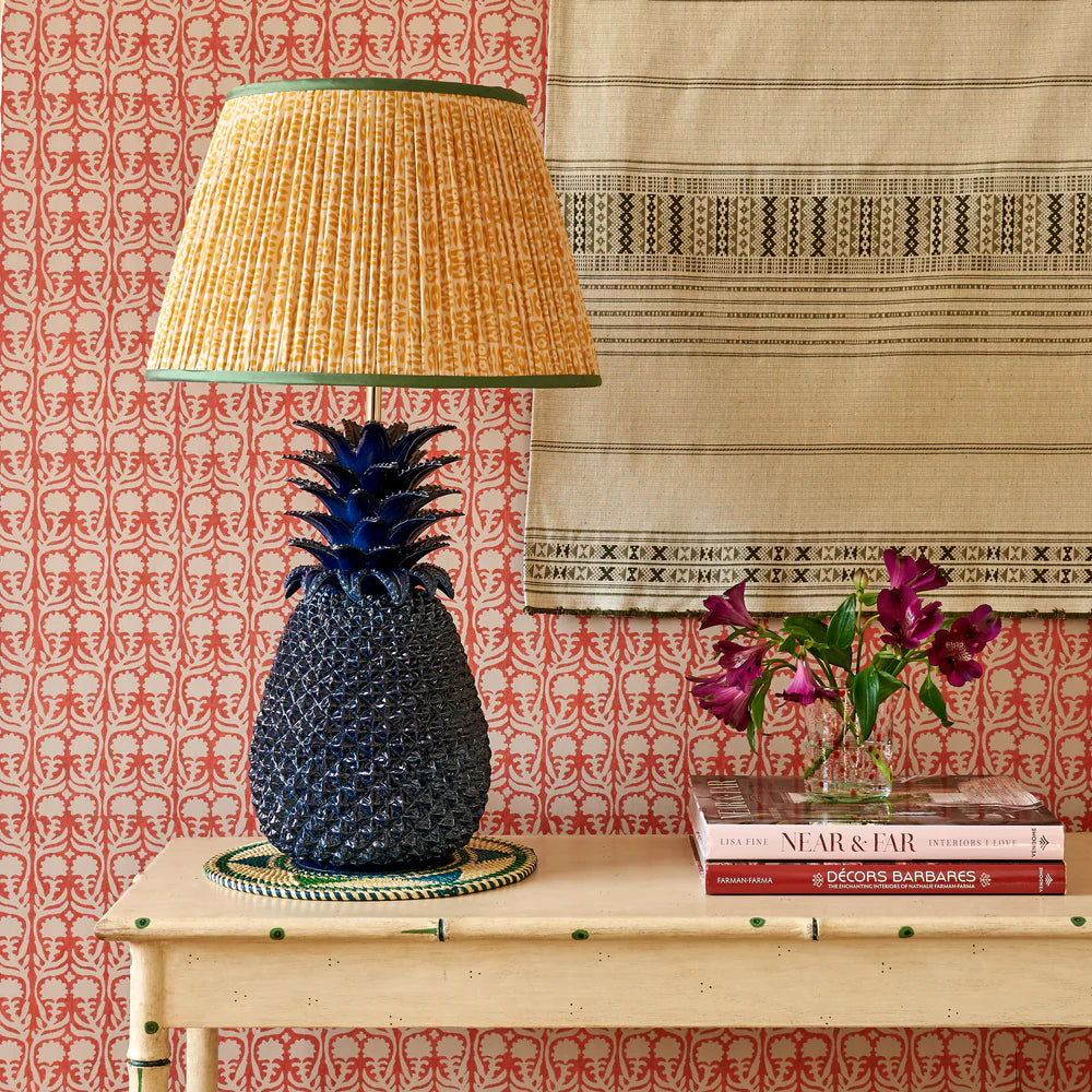 Yellow on White Tribal Pleated Silk Lampshade with Green Trim by Penny Morrison