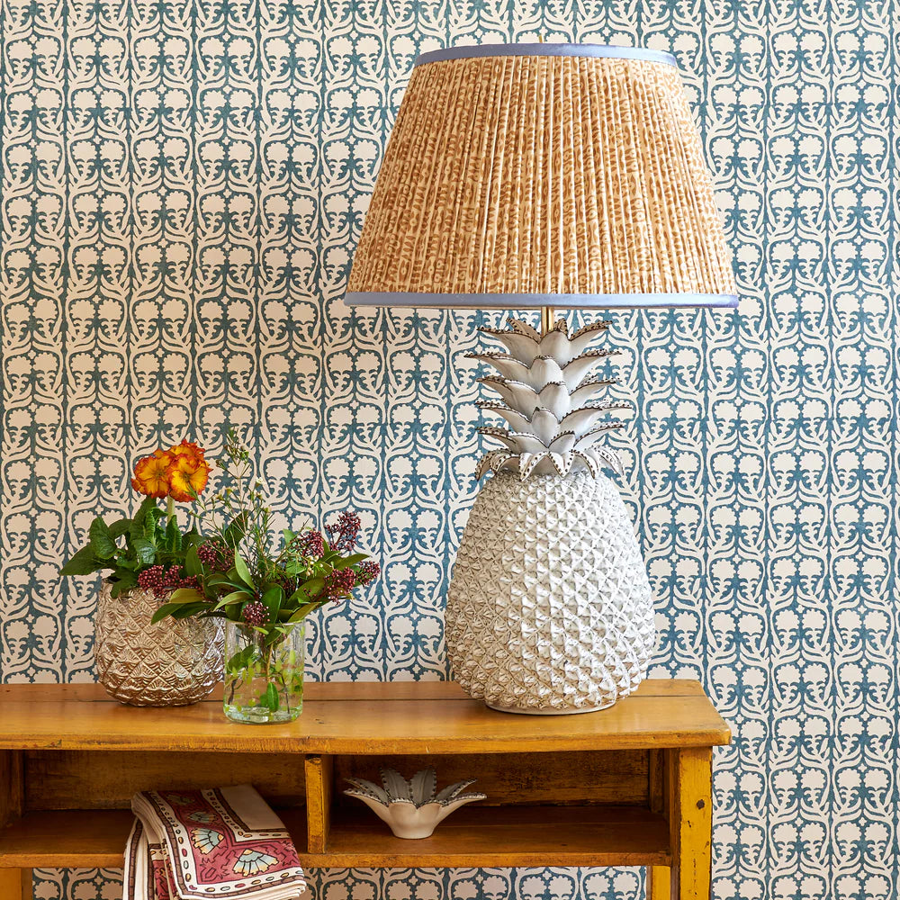 Cinnamon on White Tribal with Blue Trim by Penny Morrison - Newport Lamp & Shade Company