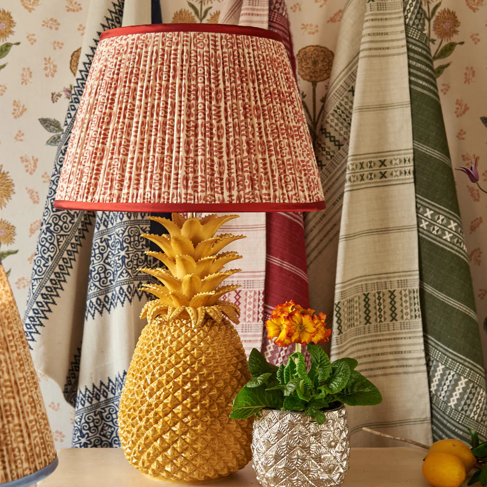 Red on White Tribal Pleated Silk Lampshade with Red Trim by Penny Morrison